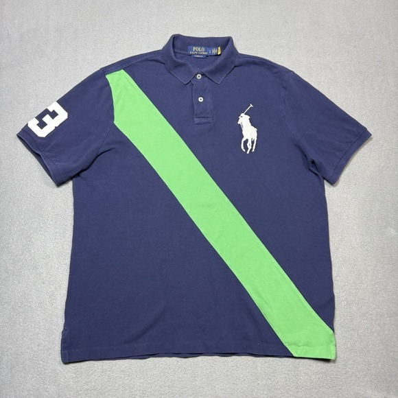 Polo Ralph Lauren Big Pony Polo Shirt Mens L Navy Green Stripe Number 3 USA - Picture 2 of 6
